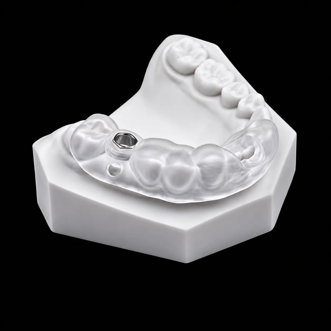 Transparent dental surgical guide made from Clear PMMA on a dental model