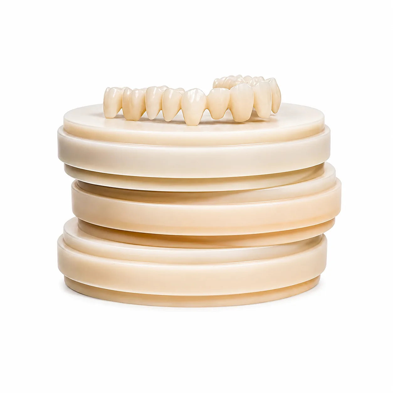 Stacked multilayer PMMA discs with natural shade gradient dental restoration