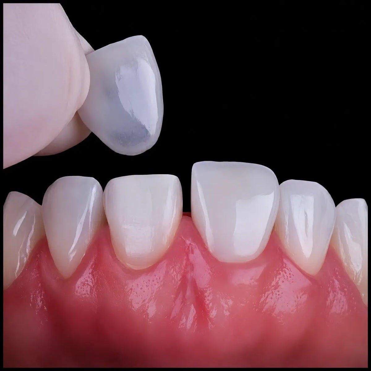 OnePro UT Pre-shaded zirconia anterior restoration close-up with natural color, high translucency, and esthetic dental result.