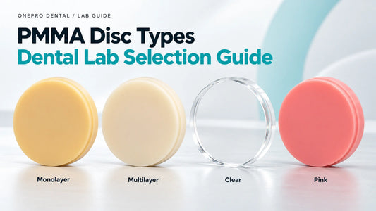 Illustration of OnePro monolayer, multilayer, clear and pink PMMA discs for dental CAD/CAM workflows