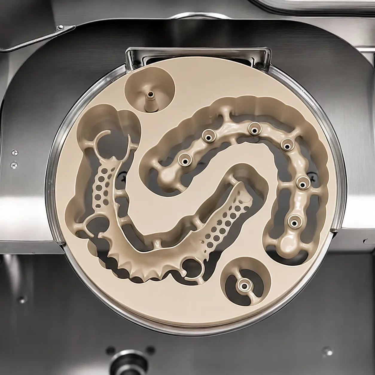 Pink PEEK disc during CAD CAM milling process for dental laboratory applications