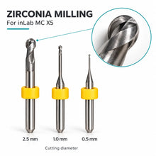 Zirconia milling burs compatible with Sirona inLab MC X5 in 2.5, 1.0 and 0.5 mm cutting diameters, with a cutting-tip close-up.