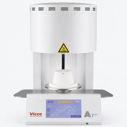 Front view of the A7 Pro dental porcelain furnace with touchscreen control panel and ceramic firing platform