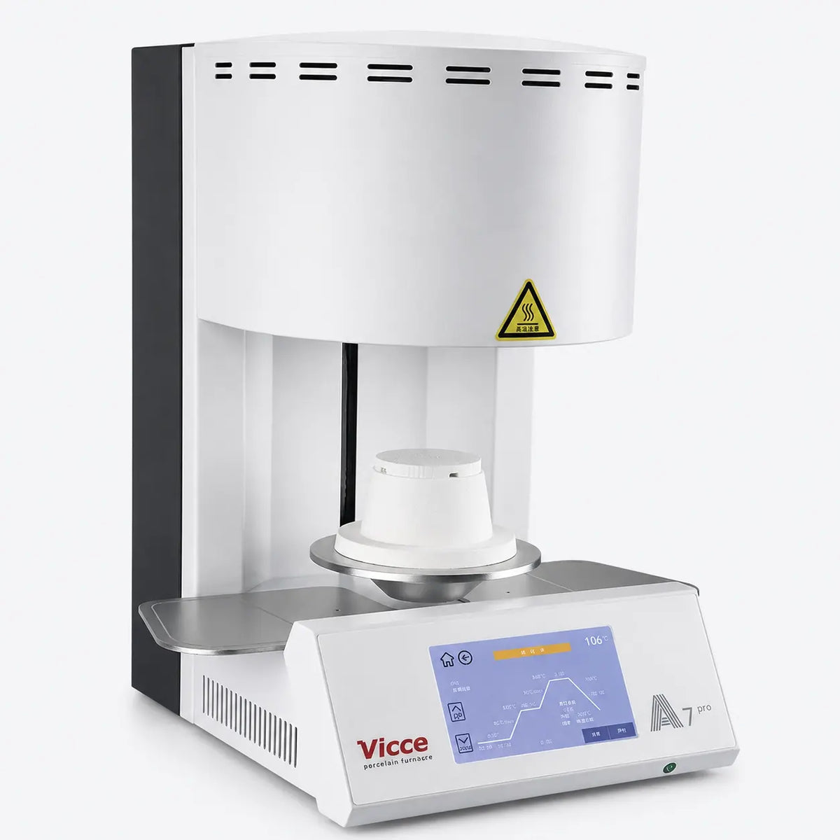 A7 Pro dental porcelain furnace shown from the left angle with touchscreen control panel and firing platform