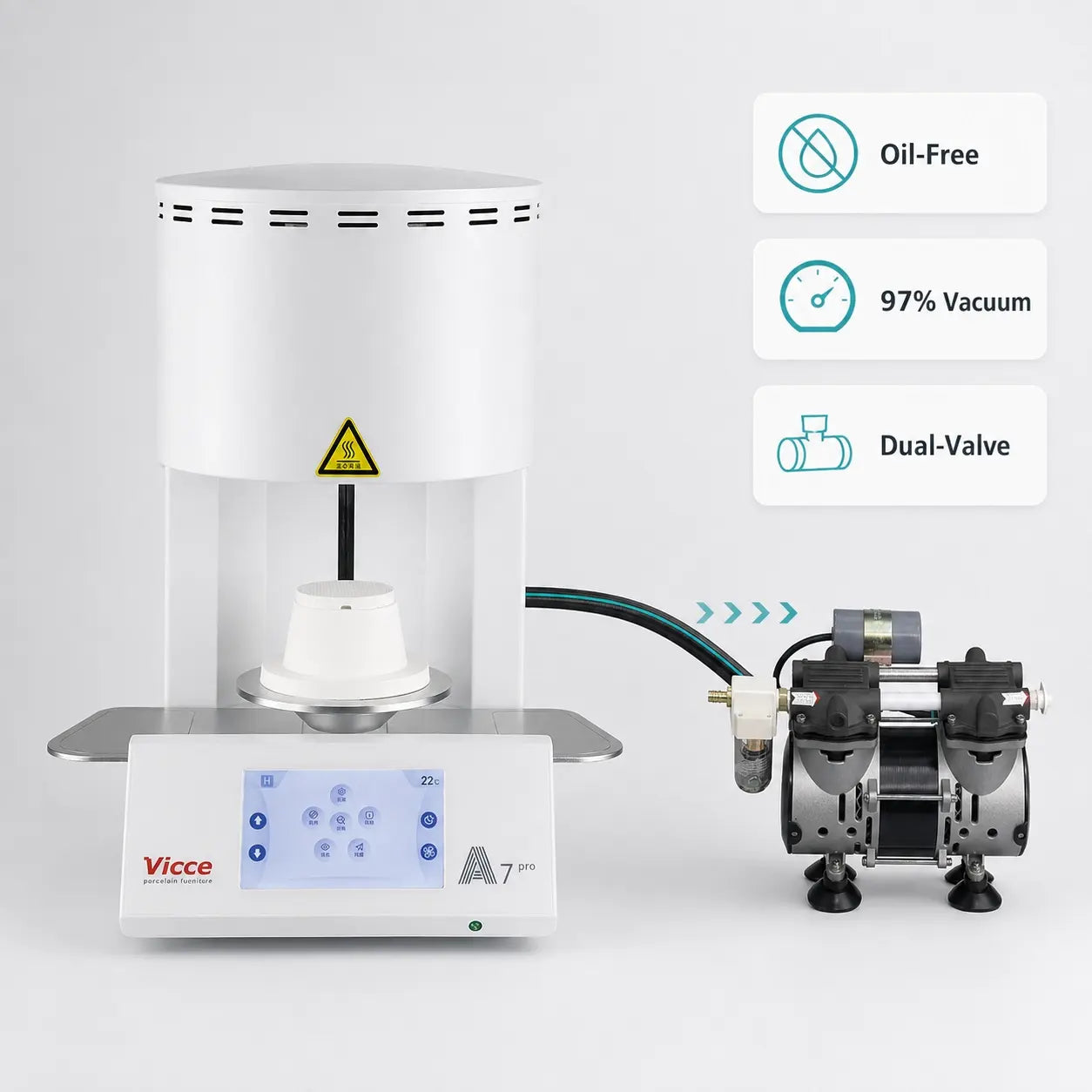 A7 Pro dental porcelain furnace connected to an oil-free vacuum pump with 97% vacuum and dual-valve control.
