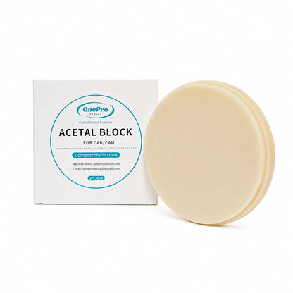 OnePro Dental natural-shade acetal disc with packaging for CAD/CAM milling