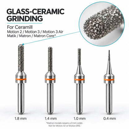 Four Ceramill-compatible diamond grinding burs for glass ceramics in 1.8, 1.4, 1.0 and 0.4 mm sizes, with an abrasive-tip close-up.