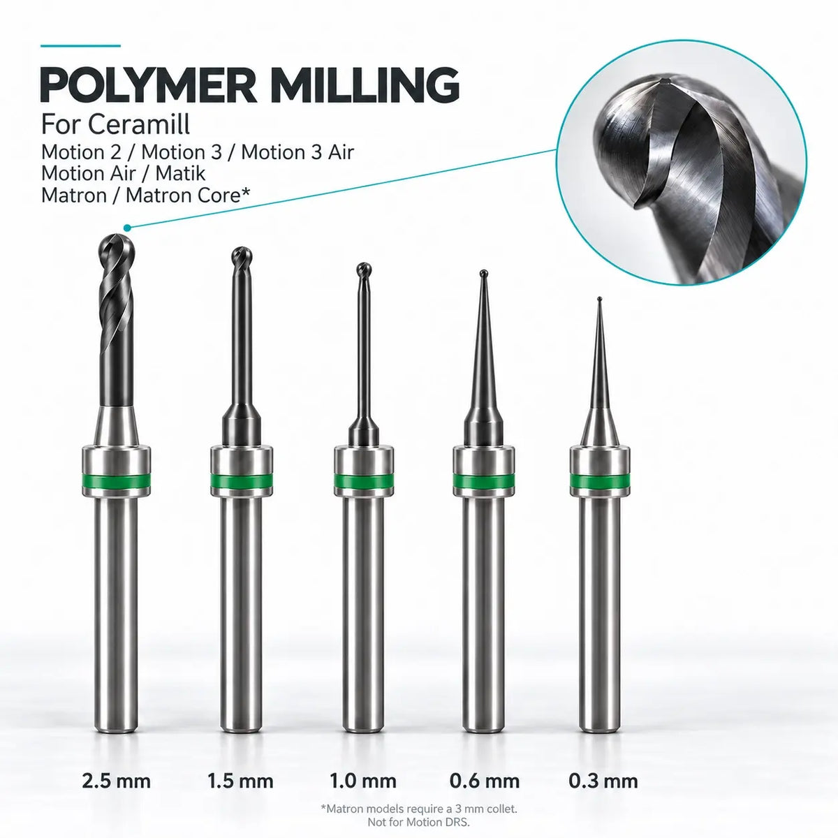 Five Ceramill-compatible polymer milling burs in 2.5, 1.5, 1.0, 0.6 and 0.3 mm sizes, with green identification rings.