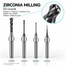 Four Ceramill-compatible zirconia milling burs in 2.5, 1.0, 0.6 and 0.3 mm sizes, with a cutting-tip close-up.