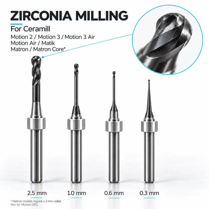 Four Ceramill-compatible zirconia milling burs in 2.5, 1.0, 0.6 and 0.3 mm sizes, with a cutting-tip close-up.