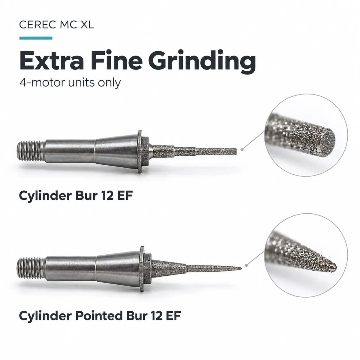 Cylinder Bur 12 EF and Cylinder Pointed Bur 12 EF for four-motor CEREC MC XL units, with enlarged grinding tips.
