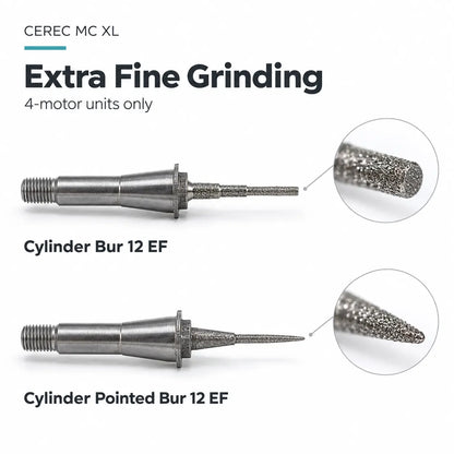 Cylinder Bur 12 EF and Cylinder Pointed Bur 12 EF for four-motor CEREC MC XL units, with enlarged grinding tips.