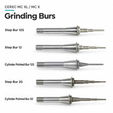 Five grinding bur models for CEREC MC XL and MC X, including Step Bur and Cylinder Pointed Bur types.