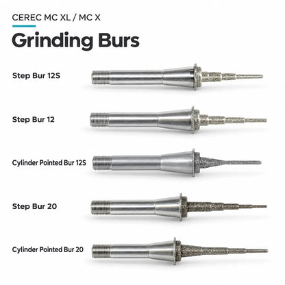 Five grinding bur models for CEREC MC XL and MC X, including Step Bur and Cylinder Pointed Bur types.