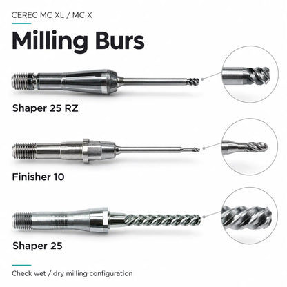 Shaper 25 RZ, Finisher 10 and Shaper 25 milling burs for CEREC MC XL and MC X, with close-ups of the cutting heads.