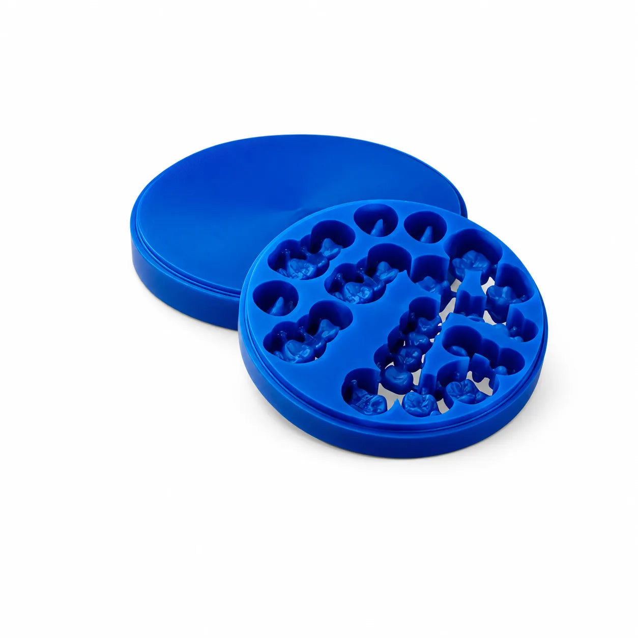 Blue dental wax disc with milled crown patterns for casting workflows