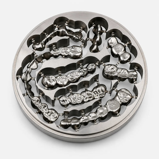 Grade 2 titanium disc with milled dental crowns and bridge restorations for CAD/CAM workflows