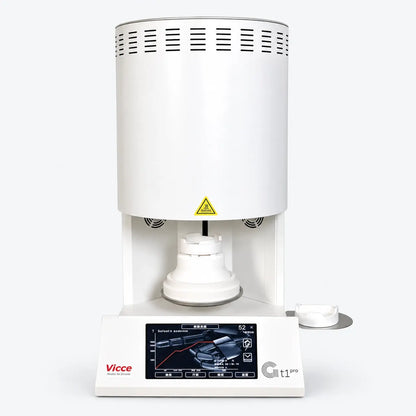 Front view of the GT1 Pro zirconia sintering furnace with touchscreen control panel and ceramic loading platform