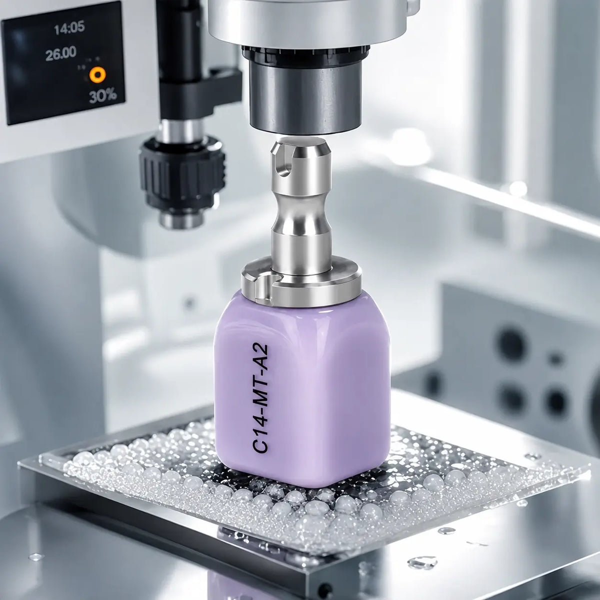 Lithium Disilicate CAD/CAM Block mounted in a dental milling machine for precision restoration processing