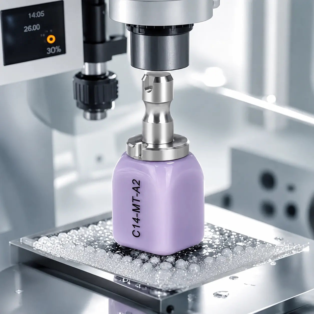 Lithium Disilicate CAD/CAM Block mounted in a dental milling machine for precision restoration processing