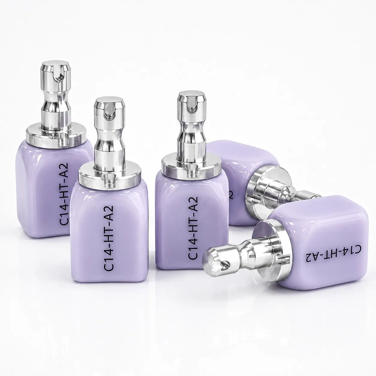 Five Lithium Disilicate CAD/CAM Blocks in A2 shade with metal holders displayed on a white background