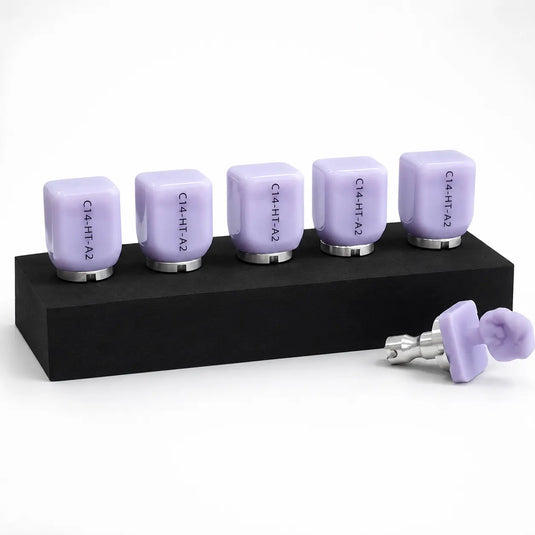 Lithium Disilicate CAD/CAM Blocks displayed on a black stand with a finished dental restoration sample