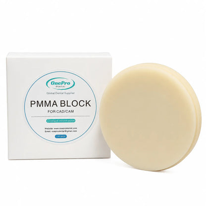 OnePro Dental multilayer PMMA disc with packaging for CAD/CAM dental milling