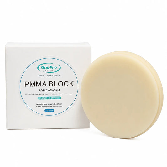OnePro Dental multilayer PMMA disc with packaging for CAD/CAM dental milling