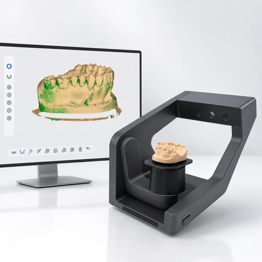 OnePro dental desktop scanner scanning a dental model with digital 3D model displayed in scanning software