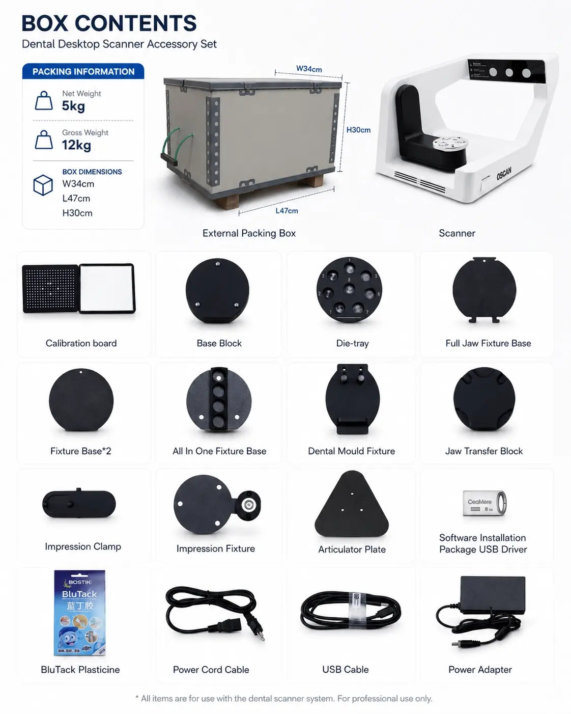 OnePro dental desktop scanner with calibration tools, fixture bases, impression accessories, USB cable and power adapter