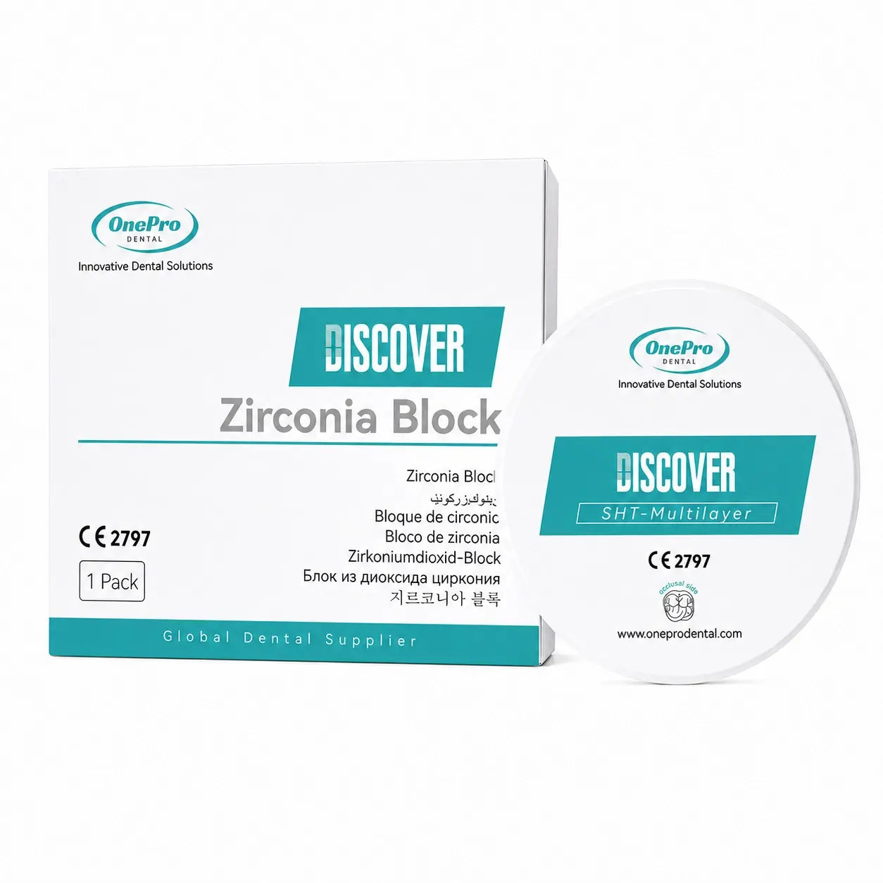 OnePro SHT Multilayer zirconia block packaging with 98mm zirconia disc for dental CAD CAM labs