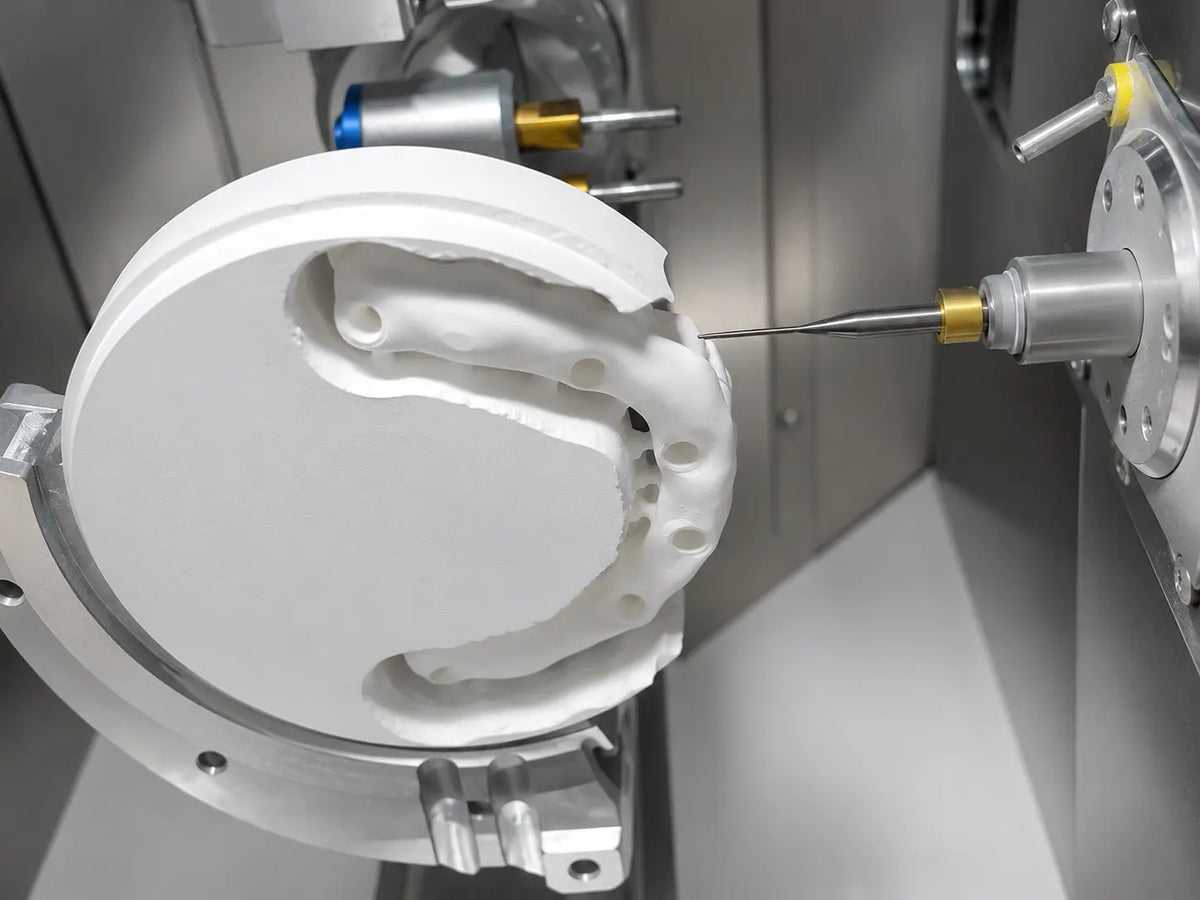 SHT White zirconia disc milling in a dental CAD CAM machine for zirconia restoration workflow
