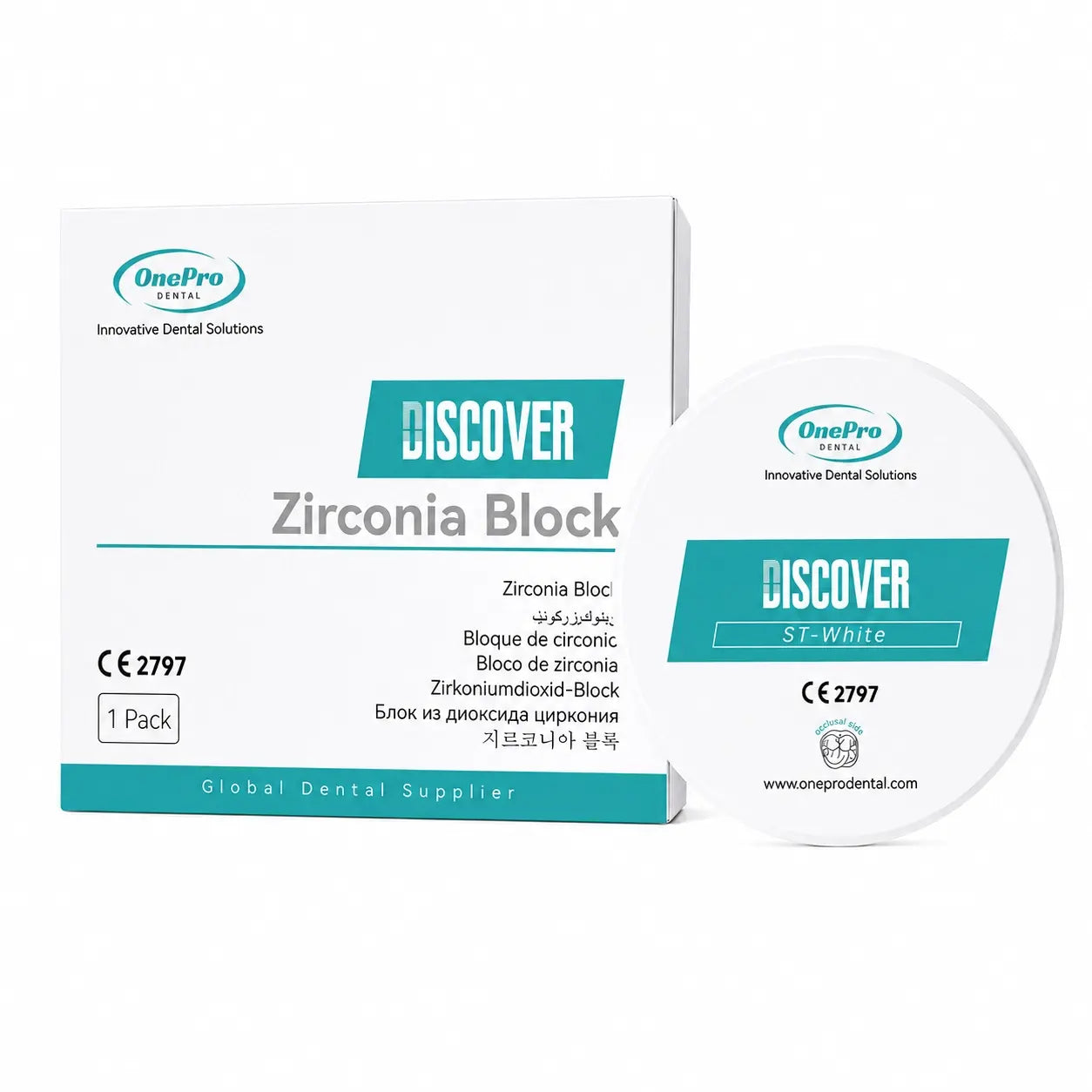 OnePro ST White zirconia block packaging with zirconia disc for dental CAD CAM labs