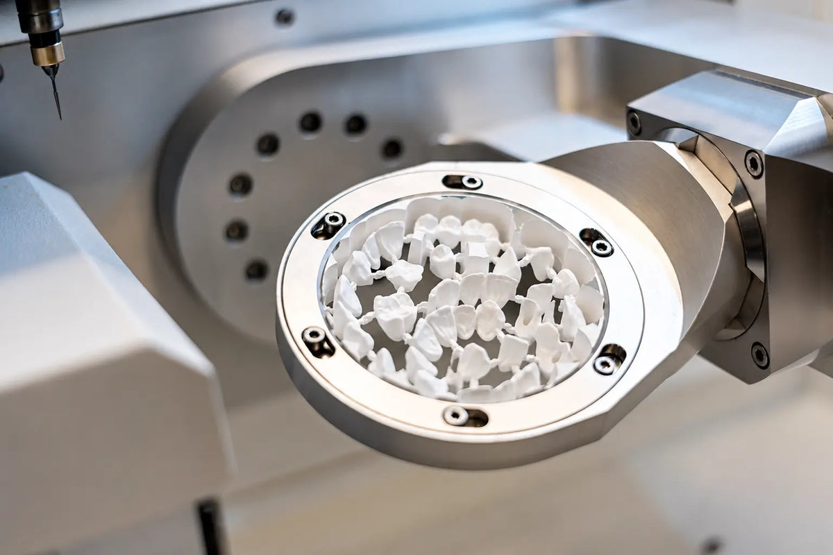 UT multilayer zirconia disc being milled in a dental CAD CAM machine for dental lab restorations