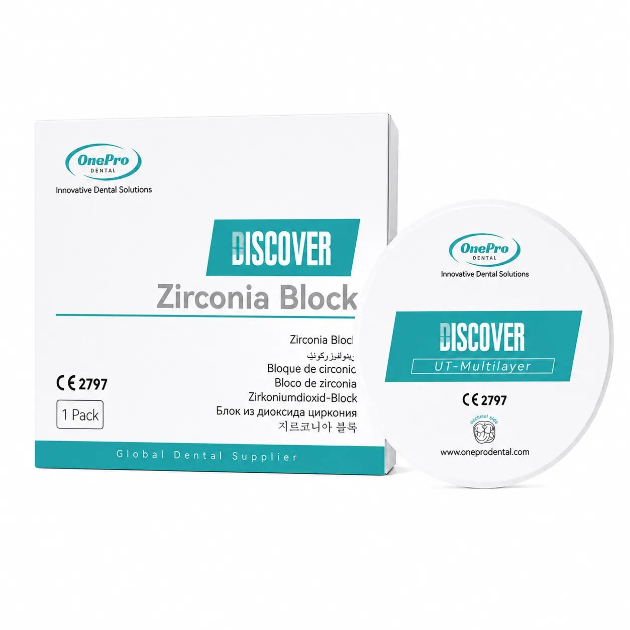 OnePro Dental UT Multilayer zirconia disc packaging for high-translucency anterior CAD CAM restorations
