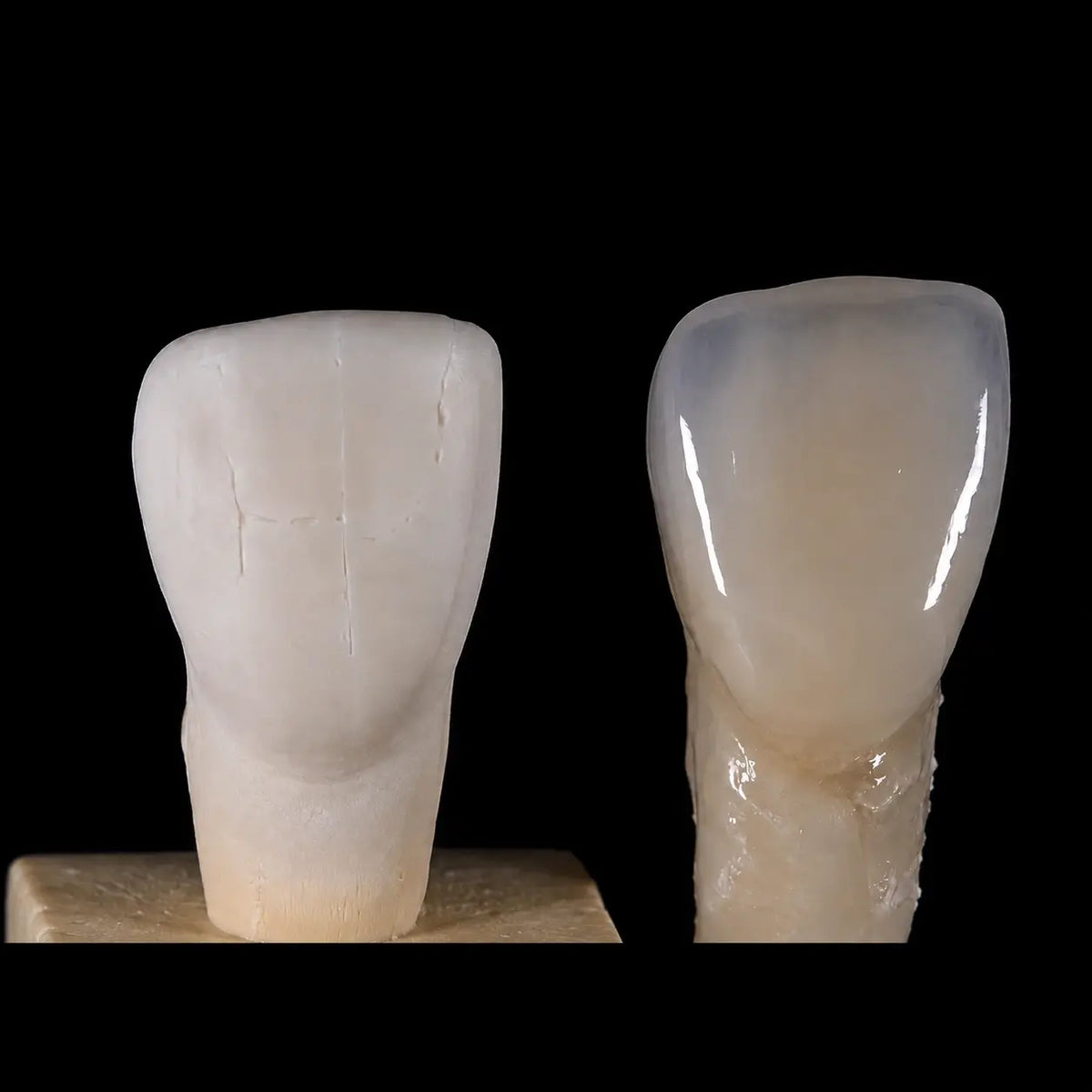 OnePro UT White zirconia crown comparison showing a milled crown and a finished polished restoration for dental CAD/CAM applications