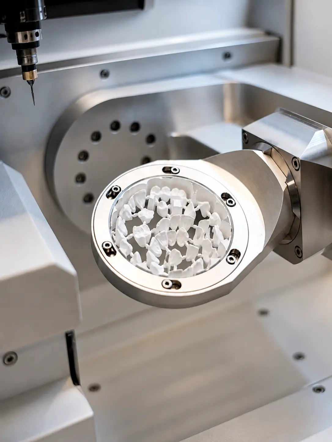 OnePro Dental UT White zirconia disc being milled in a dental CAD CAM machine for zirconia restorations