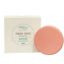 Pink PEEK disc gingival color for denture bases - biocompatible, elastic modulus close to bone, 98mm/95mm CAD/CAM milling
