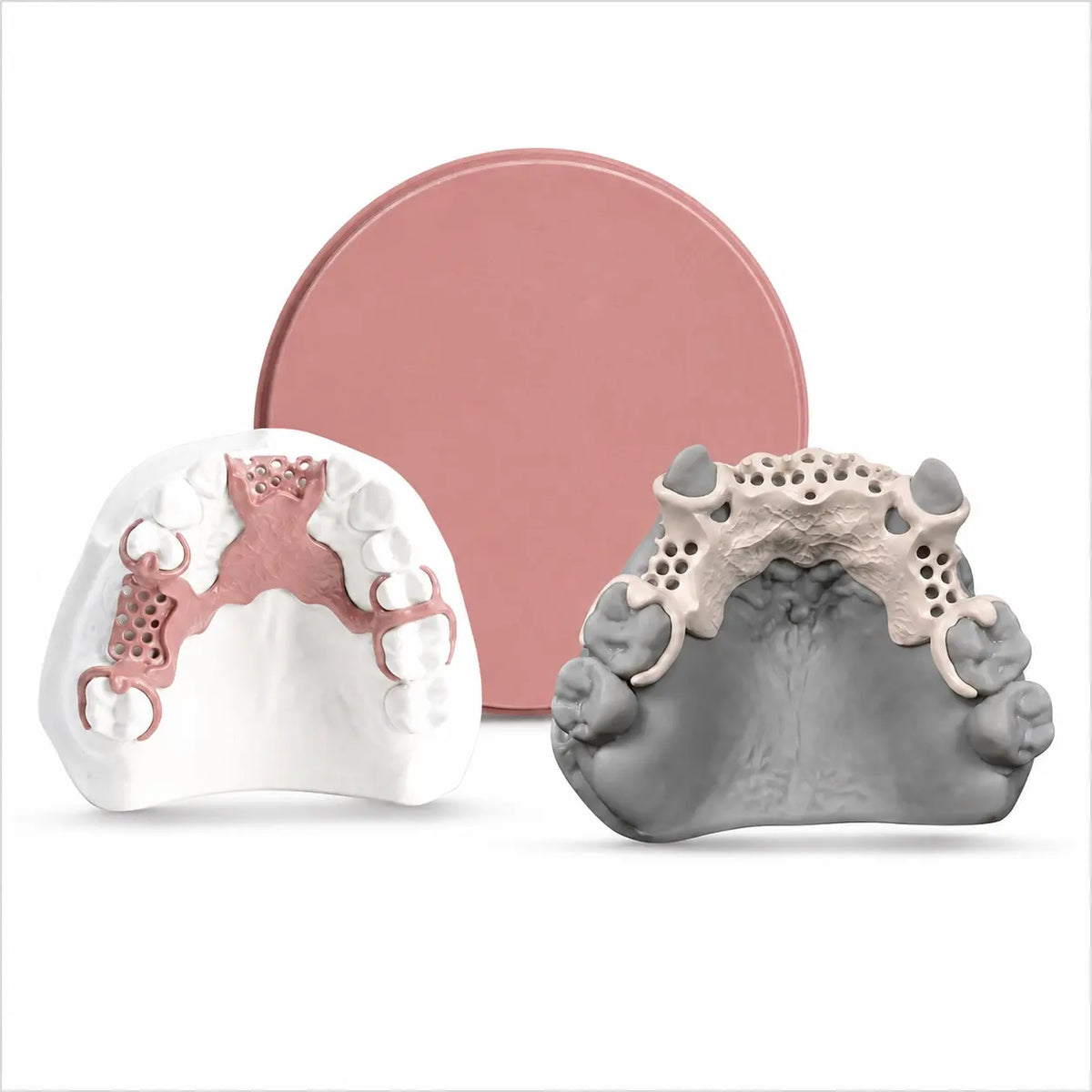 Pink PEEK Disc with CAD/CAM milled removable partial denture framework for dental applications