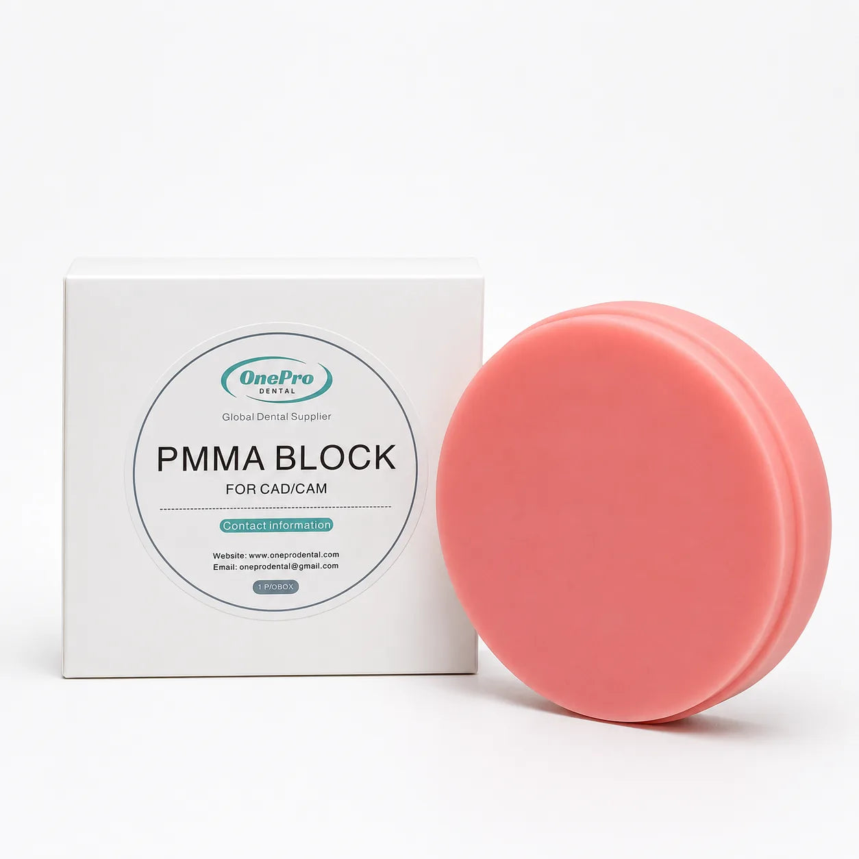 OnePro Dental Pink PMMA disc with packaging for CAD/CAM denture base milling