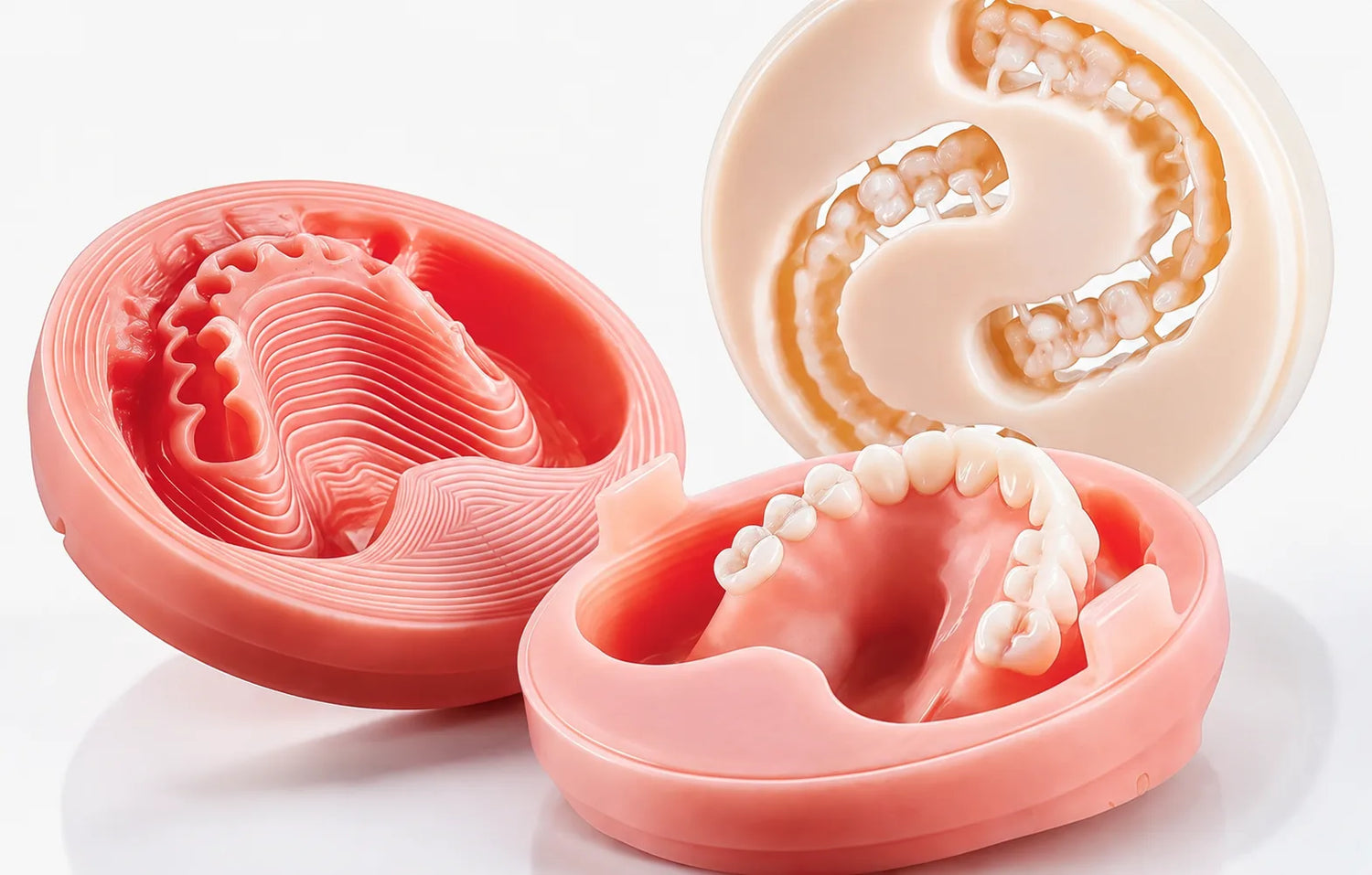 Pink PMMA disc showing milled denture bases and complete denture applications