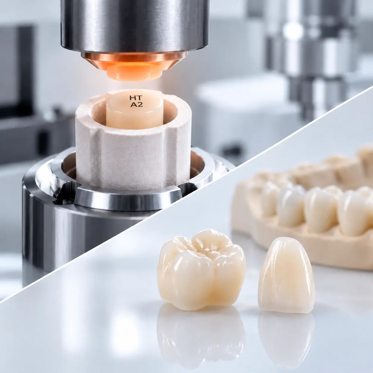 Pressable lithium disilicate glass ceramic ingot hot-press workflow showing HT A2 ingot and final molar and anterior restorations
