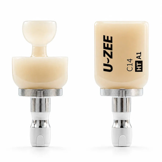 U-ZEE Direct-Mill Glass Ceramic CAD/CAM blocks with metallic holders for chairside dental restoration milling