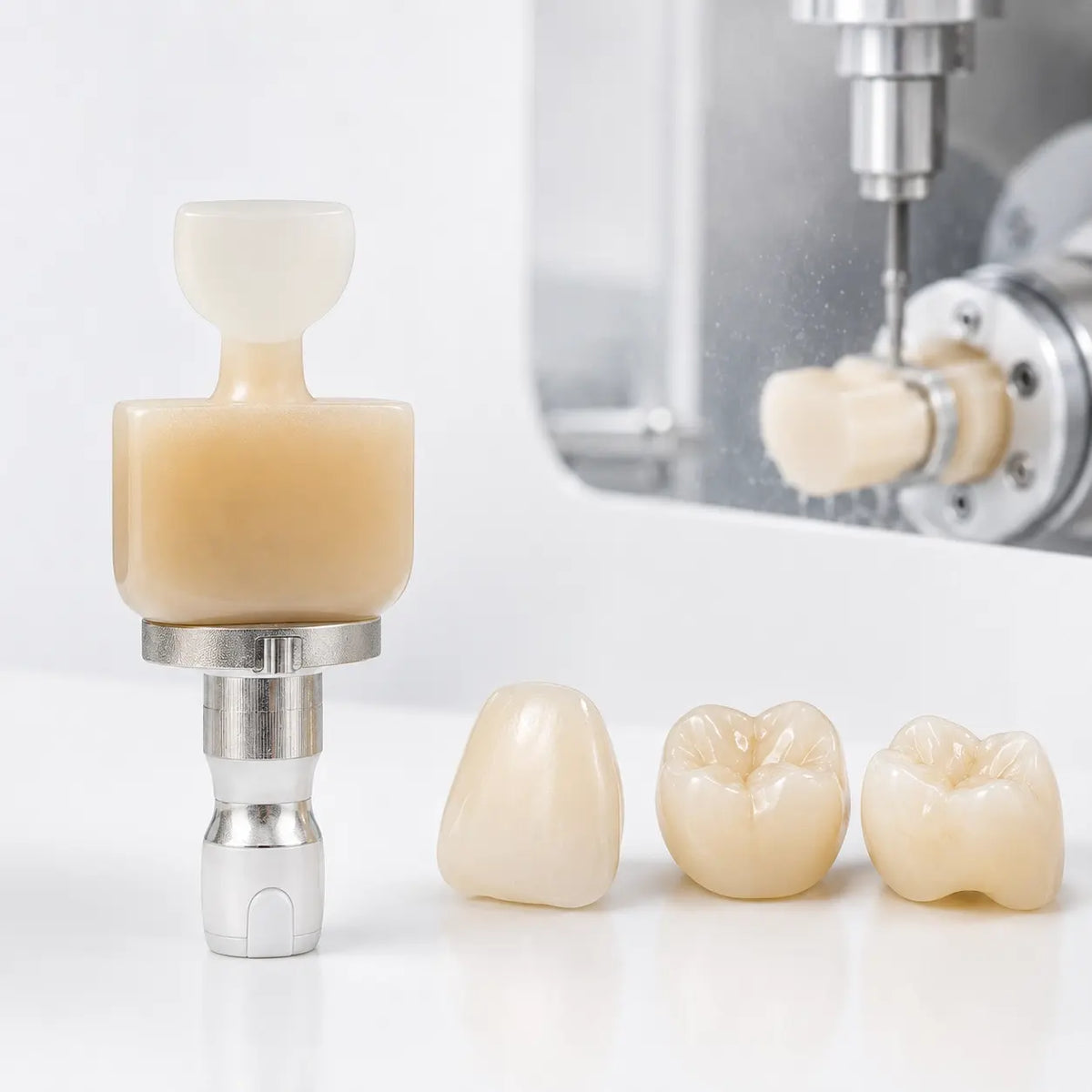 U-ZEE Direct-Mill Glass Ceramic block with CAD/CAM milling machine and finished anterior and posterior dental restorations