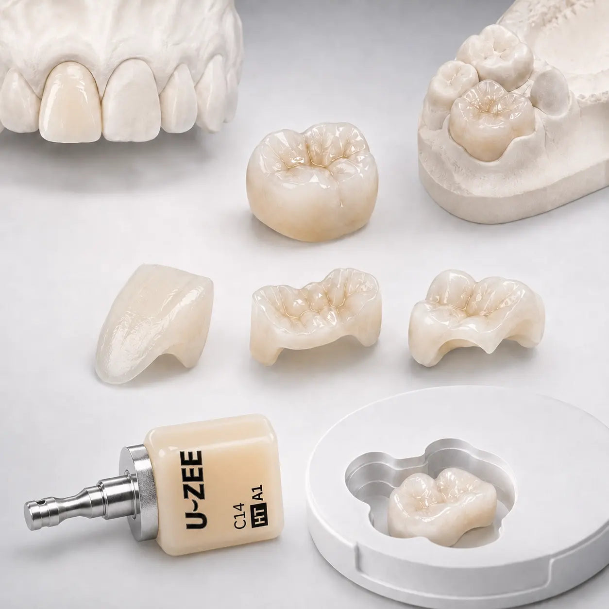 Direct-mill lithium disilicate glass ceramic block with finished dental restorations for crowns, veneers, inlays, and CAD/CAM workflows