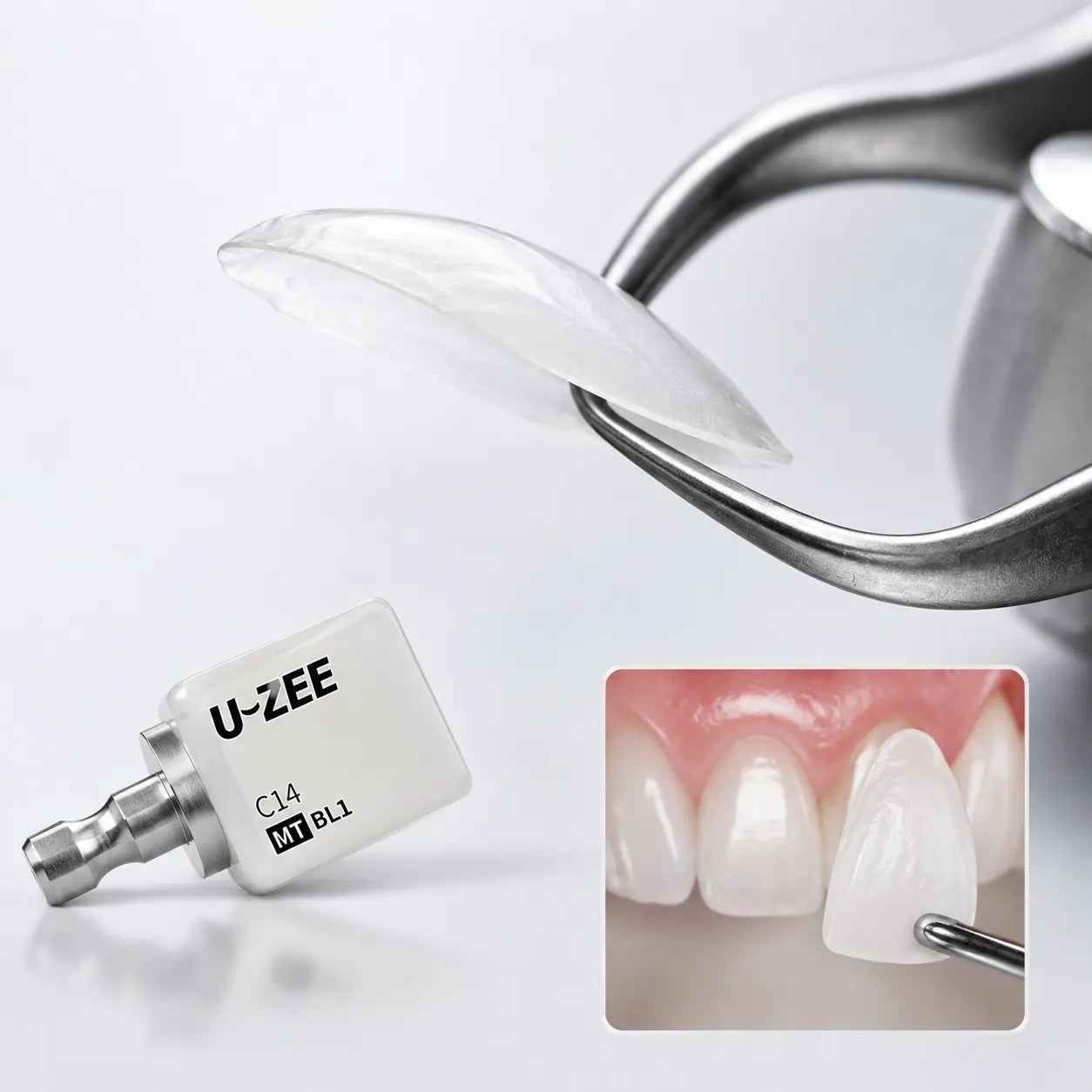 U-ZEE Pro ultra-thin veneer ceramic block with delicate veneer, handling instrument, and anterior veneer placement application