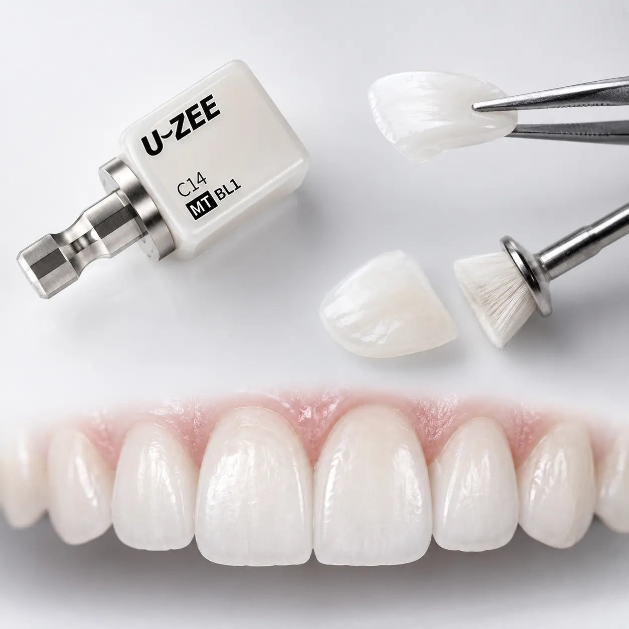 U-ZEE Pro veneer ceramic block with thin veneers, polishing tools, and finished anterior restorations