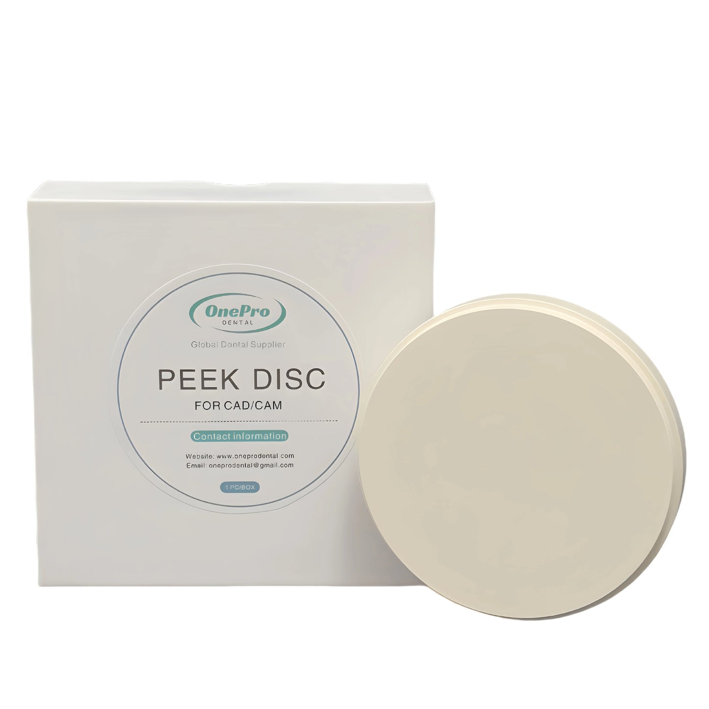 White PEEK Disc for dental CAD/CAM milling machines, 98.5mm diameter, high biocompatibility and durability