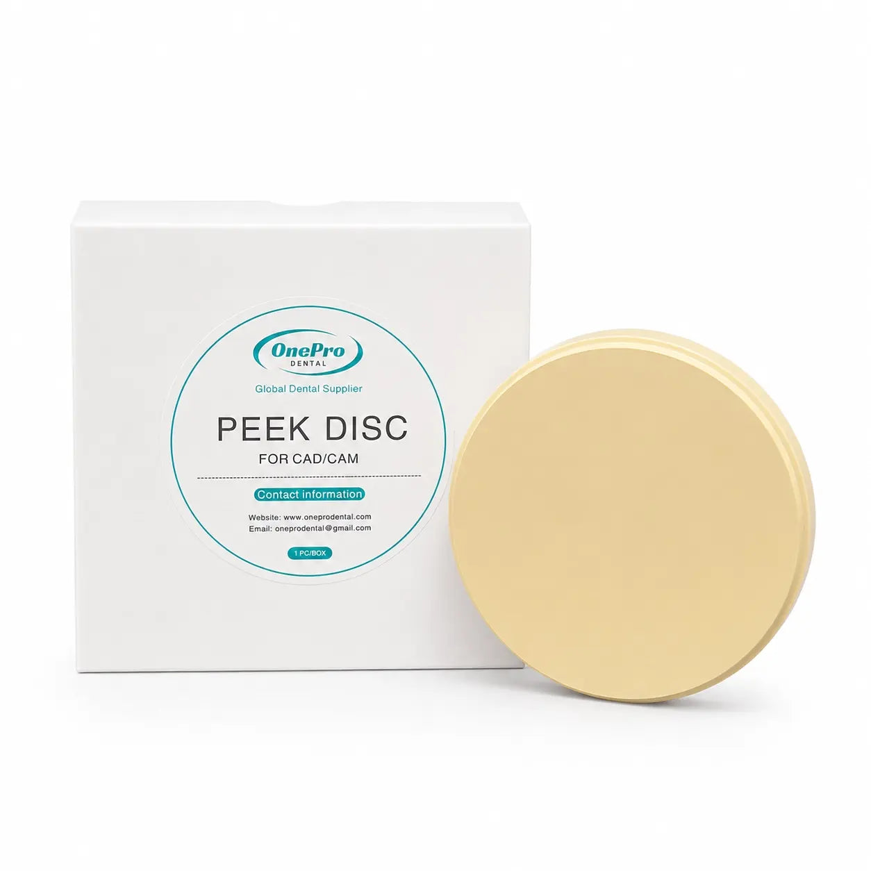 OnePro Dental Yellow PEEK disc for CAD/CAM dental milling with packaging